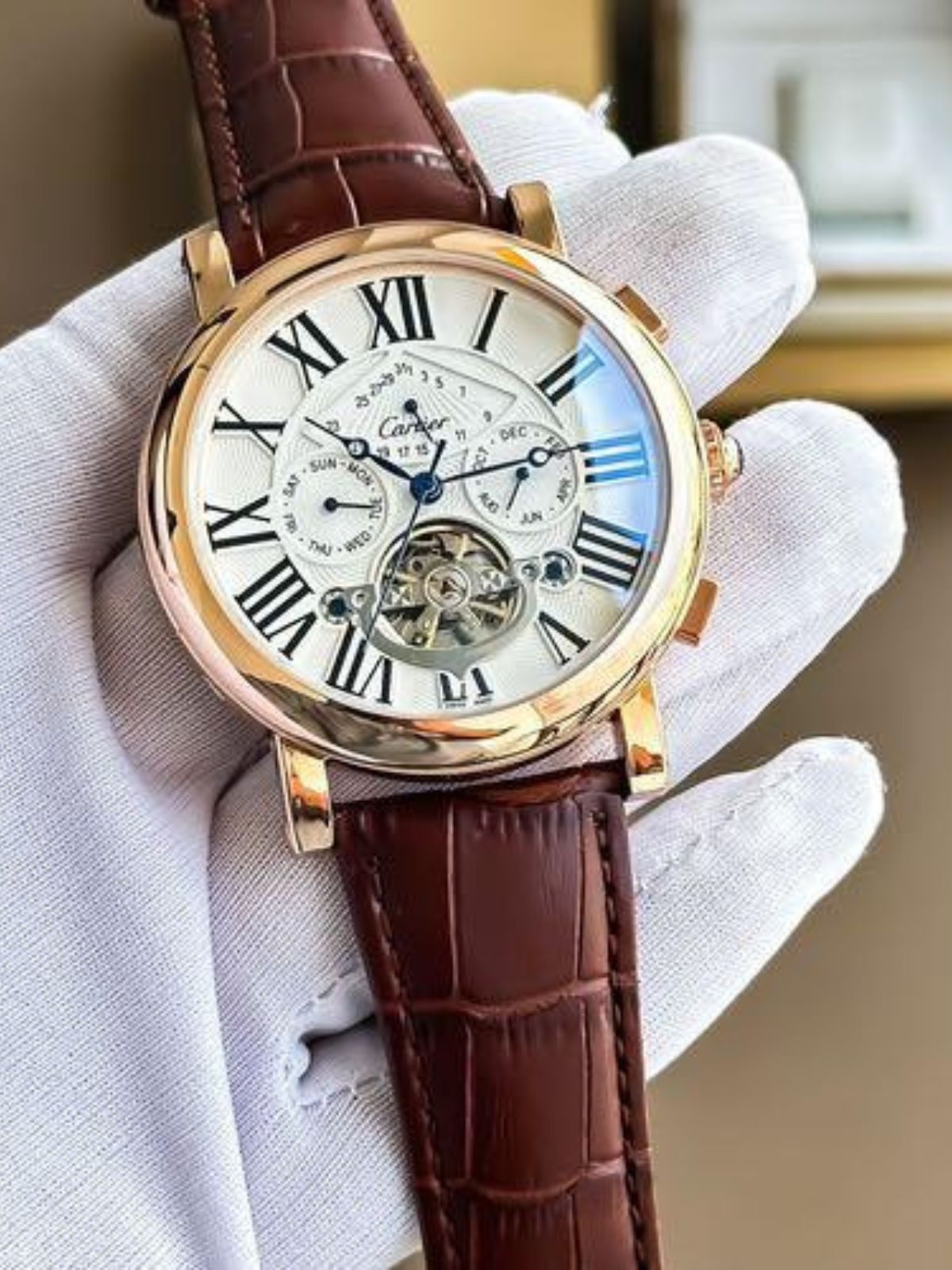 Carti_erBrown Leather Chrono Working Automatic Machine